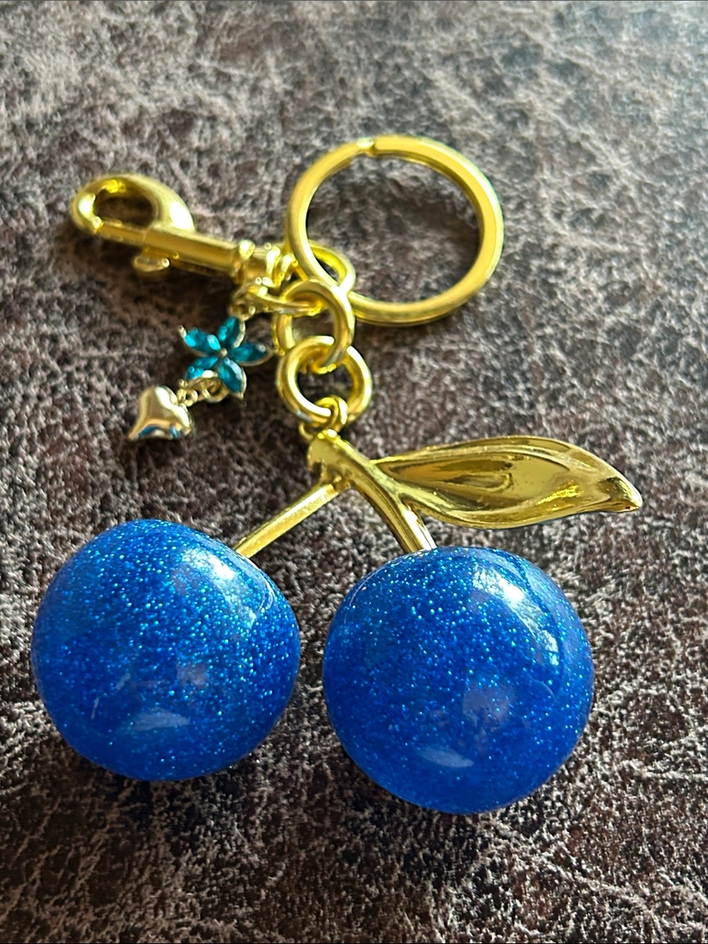 Gold Cherry Keychain with Blue Glitter Cherries
